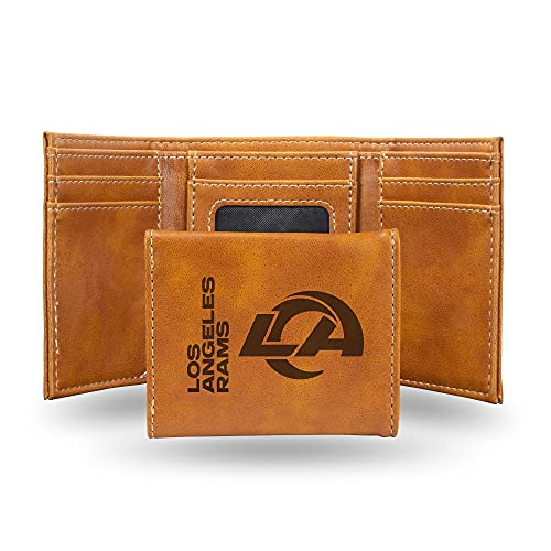 Rico Industries NFL Los Angeles Rams Trifold Wallet, Brown - Laser Engraved Vegan Leather, 6 Card Slots, ID Window