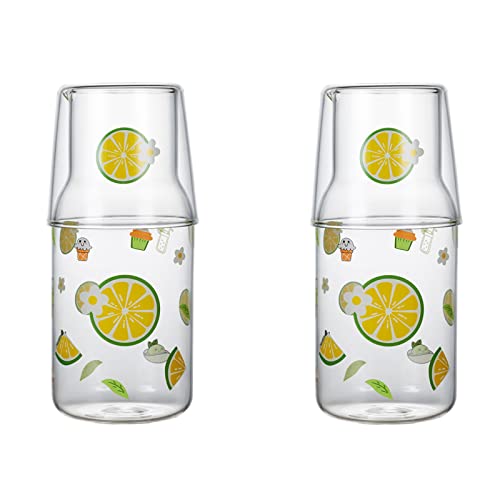 Firlar Set di 2 caraffe da comodino da 300 ml con bicchiere in vetro per comodino, in vetro trasparente, caraffa per acqua notturna con tazza, bottiglia per collutorio in vetro