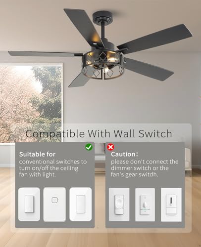 FELCO 52" Ceiling Fan with Lights and Remote, Modern Farmhouse Fan with Black/Walnut Blades,Reversible Quiet DC Motor, 6-Speed Airflow, E12 Base, Downrod Mount for Living Room Bedroom Covered Outdoor — view 5