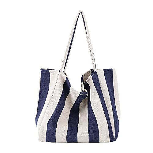Image of Striped Canvas Tote Handbag for Women Vertical Stripe Large Capacity Shoulder Bag for Shopping Travel