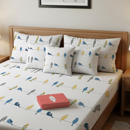 Image of Urban Space Divine 144TC 100% Cotton Printed Bedsheet for Double Bed, Double Bed Sheet Cotton with 2 Pillow Covers and 3 Cushion CoversWith Giftbox (Humming Bird Blue, Size 88 X 100 Inches)