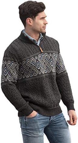 Aran Crafts Men&#39;s Irish Cable Knit Half Zip Jacquard Sweater (100% Merino Wool)