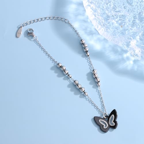 Image of 925 sterling silver Butterfly Charm Bracelet, 925 Silver Bead Chain, Black Ceramic Butterfly,Hollow out design,Suitable for Mother's Day and Valentine's Day gifts