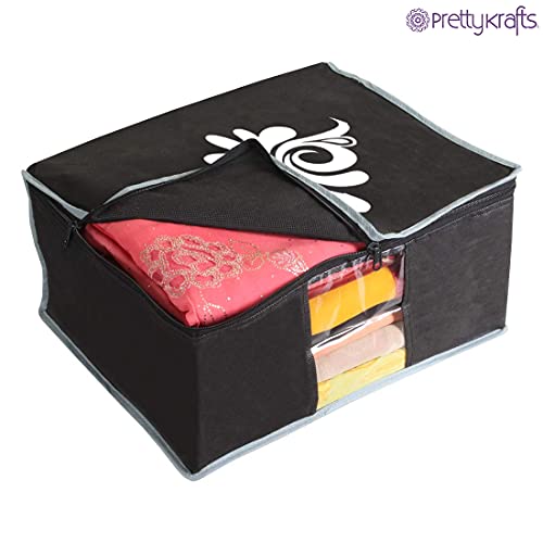 Image of PrettyKrafts Large Saree Cover With Creative Prints, Wardrobe Organiser, Clothes Cover & Storage, Zip Closure and Transparent Window | Clothes Storage Bag | Set of 6, Black | Size: 40 x 35 x 20 cm