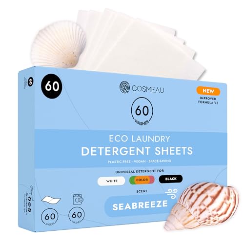 Cosmeau Travel Wash Laundry Sheets Ocean Breeze - up to 60 Washes (60 Sheets) - Eco Laundry Detergent Sheets - for Whites, Colours & Blacks - Biodegradable - for Machine Wash & Hand Wash