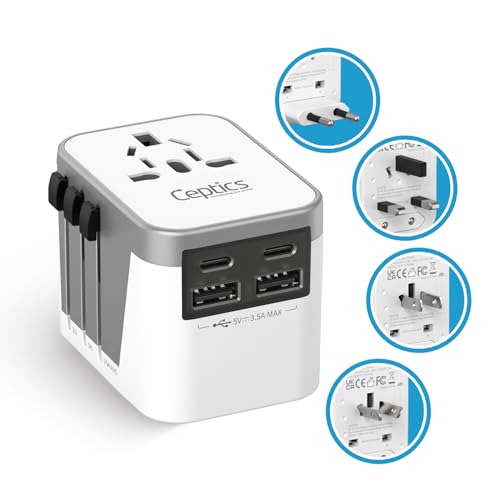 Image of Ceptics Universal Travel Adapter Plug with Dual USB-A and C Ports - Worldwide Power Adapter for Europe, UK, China, UAE, Australia - Charge Phones, Smartwatches & Tablets - Type A, C, G, I