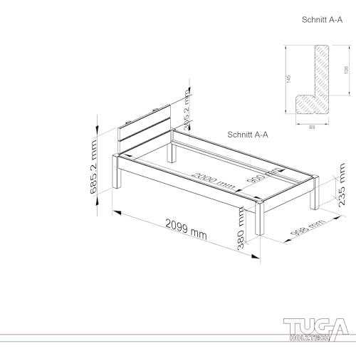 TUGA - Holztech Naturprodukt MASSIVHOLZBETT DAYBETT MASSIV Holz Bett HOLZBETT FSC 300Kg 90 x 200cm unbehandelt HÖHE 38cm – Bild 4