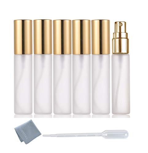 Elfenstall- Frosted 6pcs 10ml 1/3OZ Fine Mist Gold Atomizer Glass Bottle Spray Refillable Fragrance Perfume Empty Scent Bottle for Travel Party Portable 3ML Free Pipette