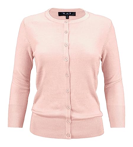 YEMAK Women's Knit Cardigan Sweater – 3/4 Sleeve Crewneck Basic Classic Casual Button Down Soft Lightweight Knitted Top Blush