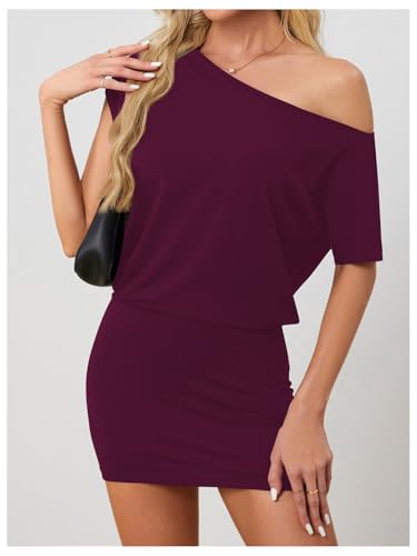 Image of SOLY HUX Women's Off The Shoulder Mini Dress Going Out Asymmetrical Neck Short Sleeve Casual Bodycon T Shirt Dresses