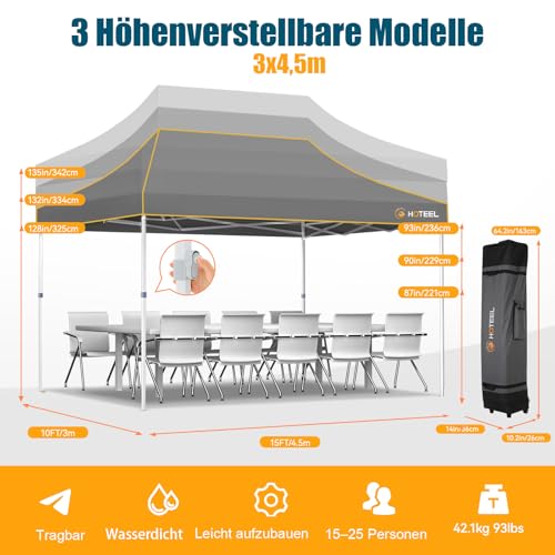 Image of Hoteel Gazebo, 3 x 4.5 cm, Waterproof, Stable, Winterproof, Reinforced Folding Gazebo with Hexagonal Tube Frame, Anti-UV Party Tent, Foldable Garden Gazebo for Markets, Carry Bag with Wheels, 4 Sand