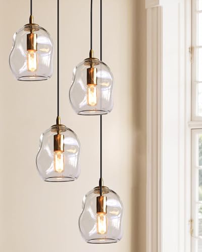 CASAMOTION Pendant Lights Kitchen Island 2 Pack Modern Contemporary Clear Glass Organic Globe Brass Gold Hanging Light Adjustable Cord Bedroom Dining Table Small Medium Lamp 8 Inch - Image 4