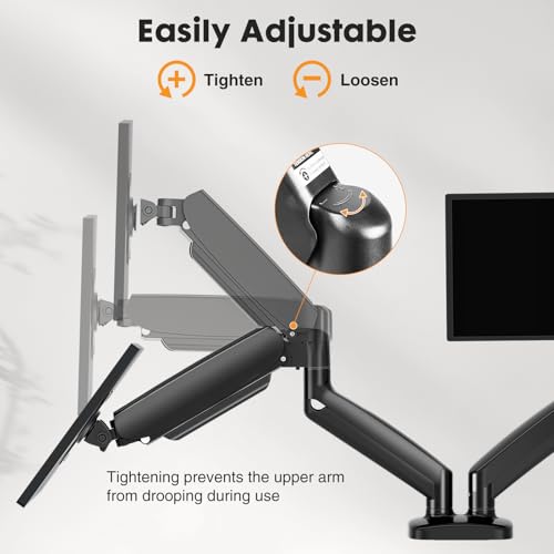 Image of DUMOS Dual Monitor Mount for Desk, Gas Spring Monitor Arm for 2 Monitors Max 32 Inches, Fully Adjustable Double VESA Mount with C-Clamp /Grommet Base, Holds Screen 17.6 lbs