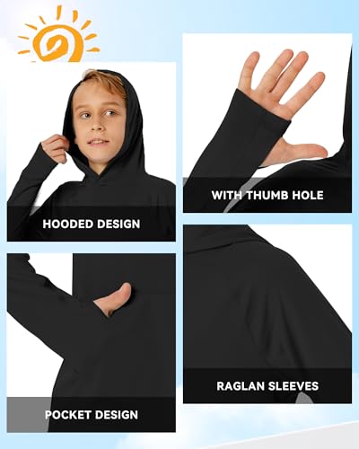 Image of Boys Rash Guard Long Sleeve Hoodie Swim Shirt with Pocket Youth Kids UPF 50+ Sun Protection Fishing Shirts Thumb Hole