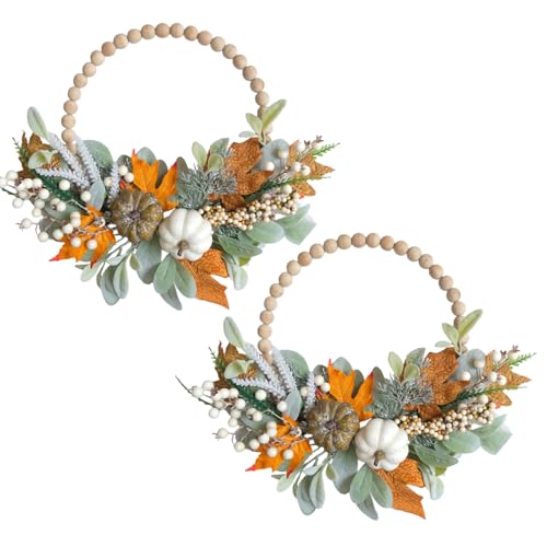 Image of 2PCS 16 inch Wood Beads Wreath,Fall Wreaths for Front Door,Eucalyptus Berries Pumpkins Lamb Ears Leaves Autumn Wreaths for Front Door, Fall Decor, Porch Wall, Home Outdoor Holiday Decor