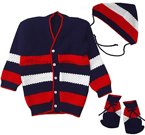 Image of little PANDA Unisex Baby Sweater Woollen Knitted Full Sleeves Sweater with Cap and Booties Set Woolen Sweater Baby Boys and Baby Girls