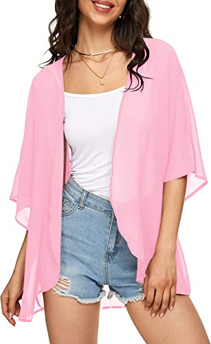 Image of Indian Trendy Women's Solid Puff Sleeve Kimono Cardigan Loose Cover Up Casual Blouse Top Chiffon