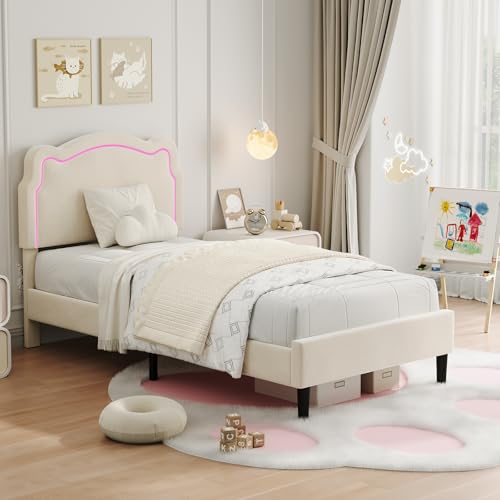 Image of GarveeHome Twin Upholstered Smart LED Bed Frame with Headboard, Velvet Princess Platform Bed Frame for Kids, Wooden Slats Support, No Box Spring Needed (Beige)