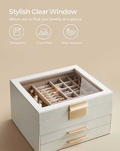 SONGMICS Jewelry Box with Glass Lid, 3-Layer Jewelry Organizer and Storage, 2 Drawers, for Big and Small Jewelry, Modern Style, 8 x 9.1 x 5.3 Inches, Cloud White and Gold Color UJBC239WT - Image 5