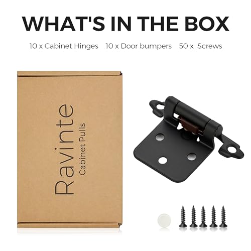Image of Ravinte 10 Pack (5 Pairs) 1 /2 inch Overlay Cabinet Hinges, Self-Closing Semi-Concealed Face Mount, Matte Black Decorative Hardware with Door Bumpers for Kitchen & Cupboard Doors