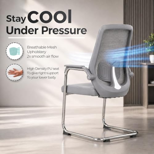 Image of OAK & AURA | SpineFlow Pro | Ergonomic Visitor Chair with Armrest | Breathable Mesh Back & Cushioned Seat | Chrome Metal Frame | Comfortable Office Chair for Home, Office(Pack of 2) (Gray)