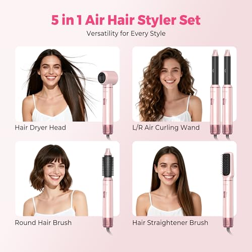 Image of Atopskins 5 in 1 Hair Dryer Brush Set, Detachable Hot Air Styler, Blow Dryer Brush, 3 Heat Settings Auto Curling Wrap Styler, Ionic Hair Styling Tools - Straighten Curl Dry Volumize Smooth (Pink)