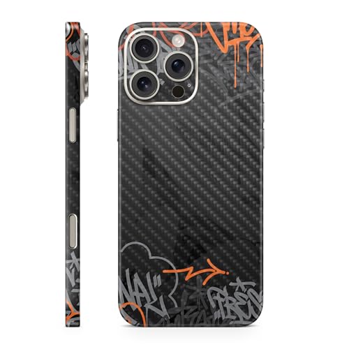 MightySkins - Funda protectora de fibra de carbono compatible con Apple iPhone 16 Pro Max, etiqueta naranja, vinilo 3M, fácil de aplicar, fabricado en los Estados Unidos por MightySkins