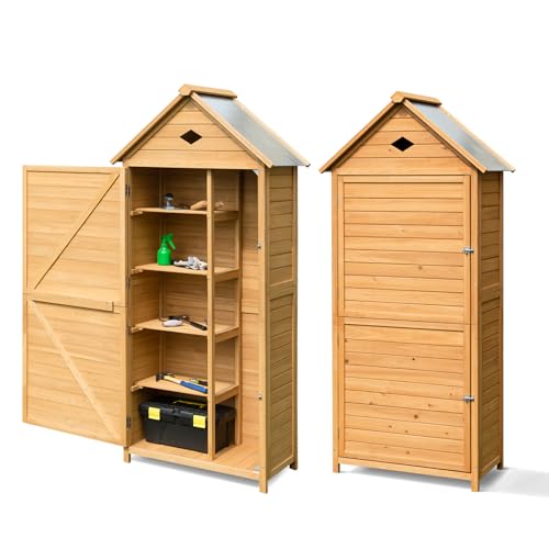 GOPLUS Gartenhaus Holz, 80 x 35 x 176 cm Geräteschuppen mit Satteldach & Ablagen & Schloss, Gerätehaus wetterfest, Gartenschrank Gartenhütte Holzhütte Gartenschuppen für Terrasse & Balkon