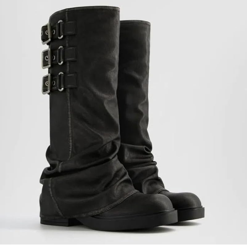 Seborluys Fold Over Knee High Boots for Women Slouchy Chunky Goth Platform Boot Wide Calf Round Toe Pull On Riding Low Heel Platform Shoes with Buckle3