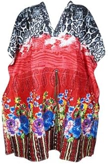 Womens Cotton Short Kaftan, Red Print Short Dress, Beach Cover up Caftan Dress S/M/L