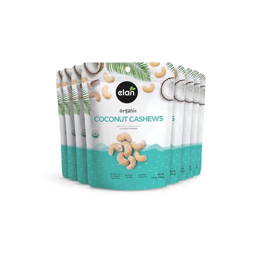 Image of Elan Organic Coconut Cashews, 5.6 oz, Non-GMO, Gluten-Free, Vegan, Kosher, Glazed Nuts (Roasted Cashews, Coconut Milk Powder, Himalayan Pink Salt), Superfood Infused Nuts, 8 pack of 5.6 oz