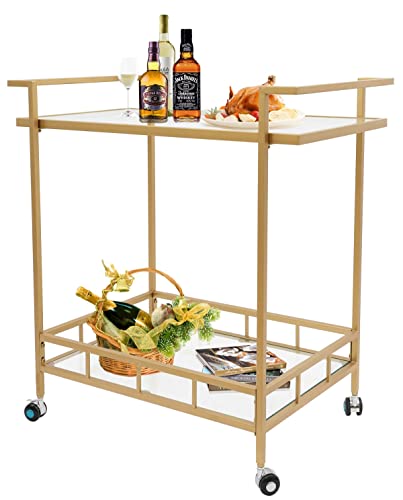 Gold Bar Carts for The Home 2 Tier Vintage Serving Bar Cart Rolling Coffee Cart Bar on Wheels Modern Wine Liquor Cart for Home Kitchen