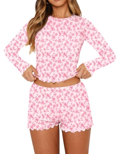 Image of Lacozy Cute Pajama Sets for Women 2 Piece Floral Print Fall Pj Set Woman Long Sleeve Crop Top and Short Y2K Sleep Set