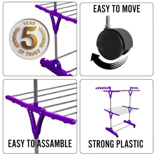 Image of UNIZONE Premium 2-Tier Foldable Cloth Drying Stand | Stainless Steel Laundry Rack with 14 Rods, 2 Shoe Rods, 12 Hanger Slots & 16 Hooks | Indoor & Balcony Clothes Dryer