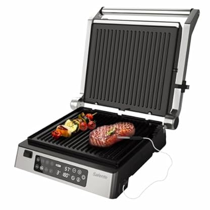 SALENTE FlamePro Kontaktgrill mit externem Temperaturfühler, 8 Programme, antihaftbeschichtete Grillplatte, 2200 W, Abnehmbare Platten, Elektrogrill für fettfreies Grillen