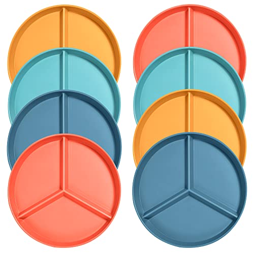 Adult Compartmentalized Dinner Plate Set Of 8 Unbreakable Portion Control Wheat Plastic Dinner Plate (Compartmentalized Plate / Picnic Plate), 9.6 Inches Round, Reusable, Colorful For Children, Adults #TOP19