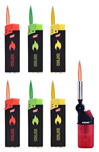 6 Stück - Sturmfeuerzeug Feuerzeug Color Flames (Flammenfarbe in Feuerzeugfarbe) +1x (Konsumany® Stab- Stumfeuerzeug 12,5 cm Lang)