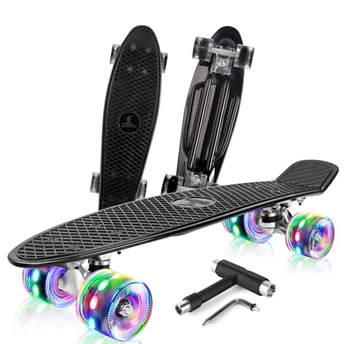 BELEEV Kinder Skateboard 22 Zoll mit LED Leuchtrollen Wheels, Komplette Mini Cruiser Skateboard für Kinder Jugendliche Erwachsene, LED Leuchtrollen mit All-in-one Skate T-Tool für Anfänger