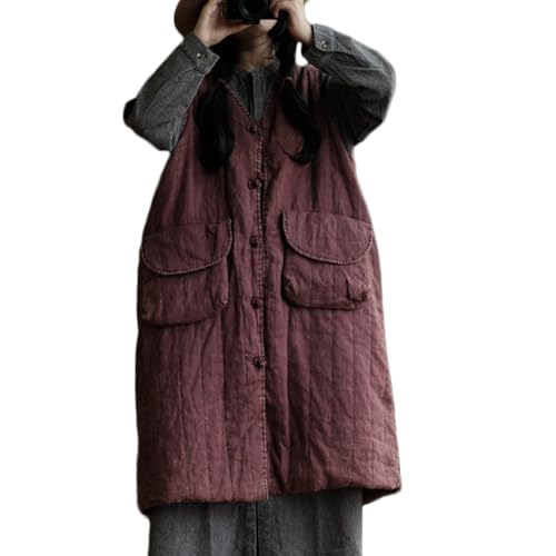 NFYM Womens Fall Winter Long Quilted Vest Lightweight Linen Frog Buttons Sleeveless Jacket Coats with Pockets