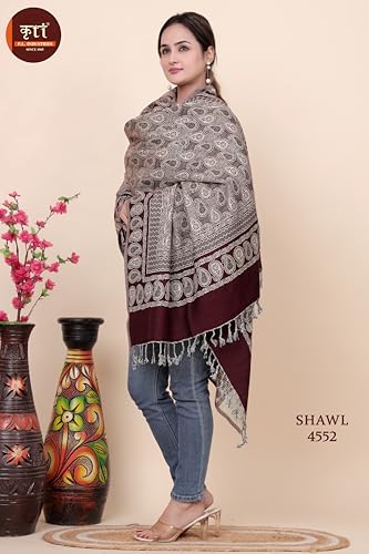 Image of KRITI Paisley Design Woollen Beige Color Shawl For Women