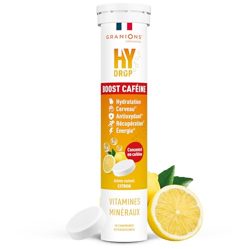GRANIONS HYDROP Boost Caféine - Pastilles Hydratation - Citron - SANS SUCRES - Fabriqué en France - Electrolytes Hydratation - Vitamines, Minéraux, Magnesium - 20 Pastilles Effervescentes