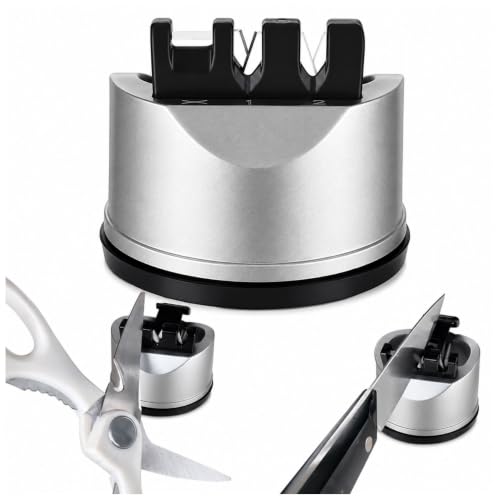 Image of 3-Stage Knife Sharpener Tool for Kitchen | Straight & Serrated Blades Scissors Sharpener | Ceramic and Steel Knives Repair & Restore, Strong Suction Base Easy Hands-Free Operation, Gifts, Gray