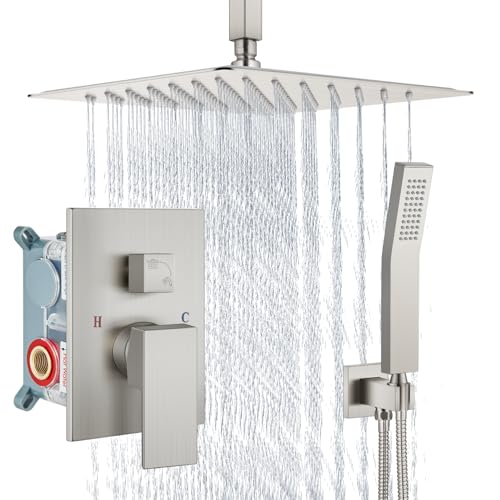 Aolemi Ceiling Mount Shower System Rain Shower Head with Handheld Spray High Pressure Shower Faucet Set Rough-in Valve Shower Trim Kit Included Bathroom Brushed Nickel 12 Inch Ceiling Shower Head
