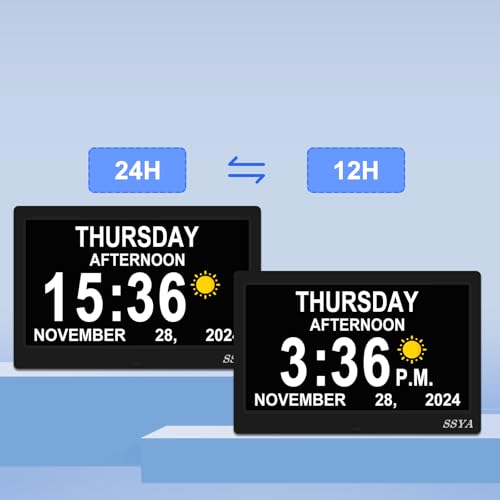 Image of SSYA Dementia Clock for Seniors, Digital Clock with Date and Day of Week, Auto DST, Non-Abbreviated Large Calendar Alarm Clocks (Black)