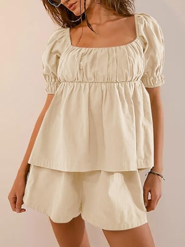 Image of Tankaneo Womens 2 Piece Outfits Summer Square Neck Short Puff Sleeve Babydoll Tops and Shorts Matching Set