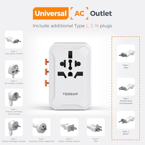 Image of TESSAN Universal Travel Adapter, International Power Adapter with 5 USB Ports (3 USB C), Worldwide Plug Adaptor for US to Europe UK France Germany Spain Ireland Australia Japan (Type C G A I)