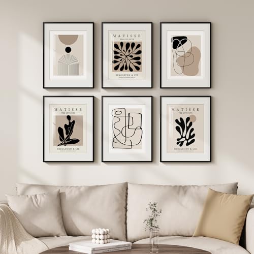 Framed Neutral Abstract Wall Art for Living Room, Set of 6 Minimalist Black Beige Prints Artwork for Walls, Modern Matisse and Geometric Pictures for Bedroom Dining Room Bathroom Wall Decor 11x14 In