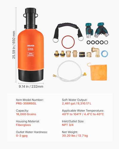 Image of VEVOR RV Water Softener, 16,000 Grain, Portable Water Softener with Filter System, NPT 3 /4 inch Fittings, Food-Grade Resin, Quick Connect, for RVs, Trailers, Boats, Mobile Car Washing, Pressure Washing