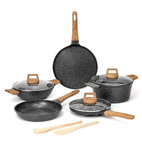 Image of Kreme CeraStone Ultra Granite Nonstick Cookware Set 10 pcs, Wooden Spoons, Kadai 2.5L, Casserole Pot 4.4L, Frying Pan 1.7L, Flat Tawa, Appam Pan 12, PFOA Free, Induction Compatible, Black