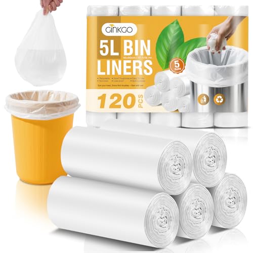GINKGO 120 Counts Small Bin Bags 5L Pedal Bin Liners Clear Plastic Mini Garbage Bags for Bathroom Toilet Bedroom and Office White Trash Bag